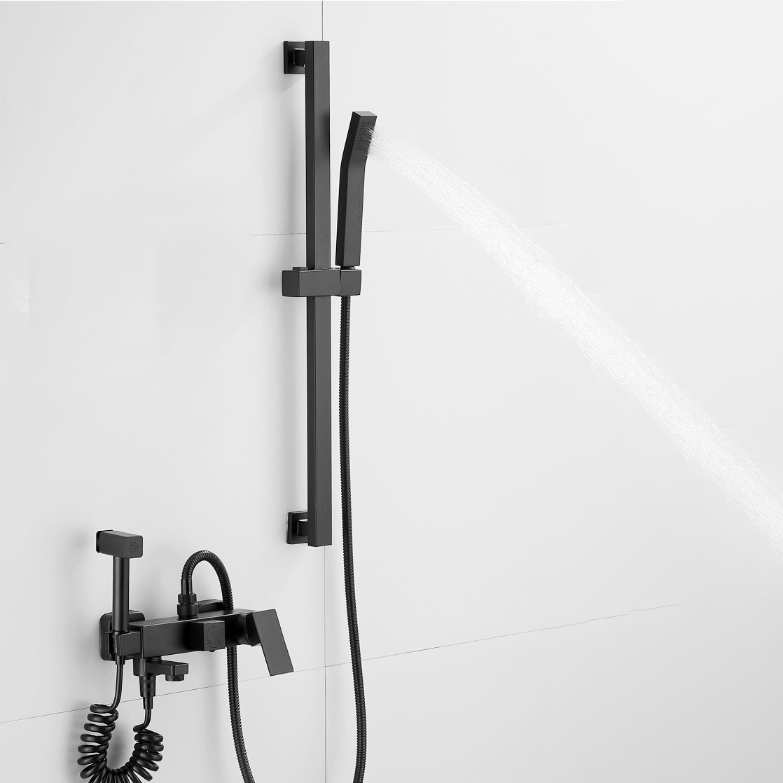 Black Wall Mounted Shower Head Combo Modern Metal Shower System Clearhalo 'Bathroom Remodel & Bathroom Fixtures' 'Home Improvement' 'home_improvement' 'home_improvement_shower_faucets' 'Shower Faucets & Systems' 'shower_faucets' 'Showers & Bathtubs Plumbing' 'Showers & Bathtubs' 7063143