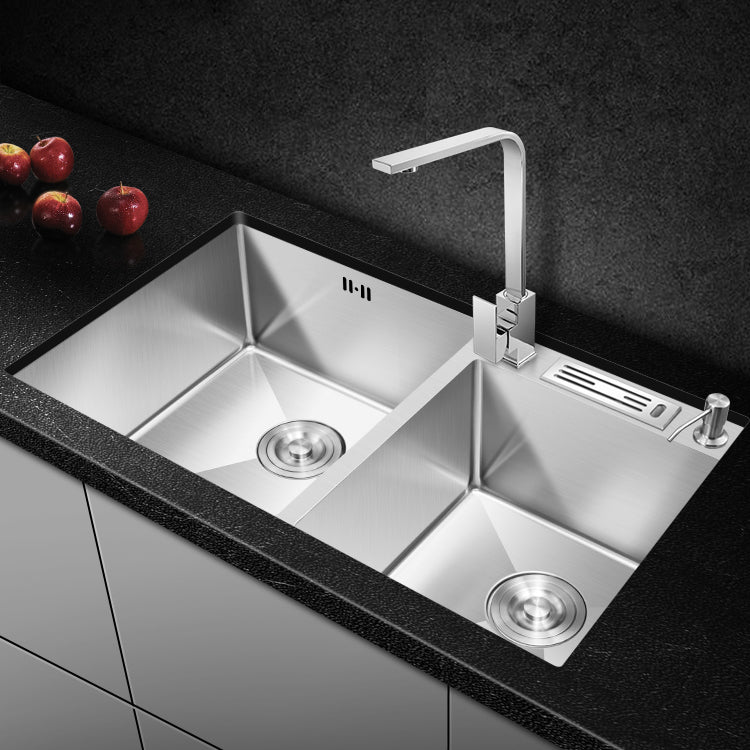 Double Bowl Kitchen Sink Stainless Steel Workstation Sink with Drain Assembly 31.5"L x 16.9"W x 7.9"H Sink with Faucet Seven Character Faucet Clearhalo 'Home Improvement' 'home_improvement' 'home_improvement_kitchen_sinks' 'Kitchen Remodel & Kitchen Fixtures' 'Kitchen Sinks & Faucet Components' 'Kitchen Sinks' 'kitchen_sinks' 7063296