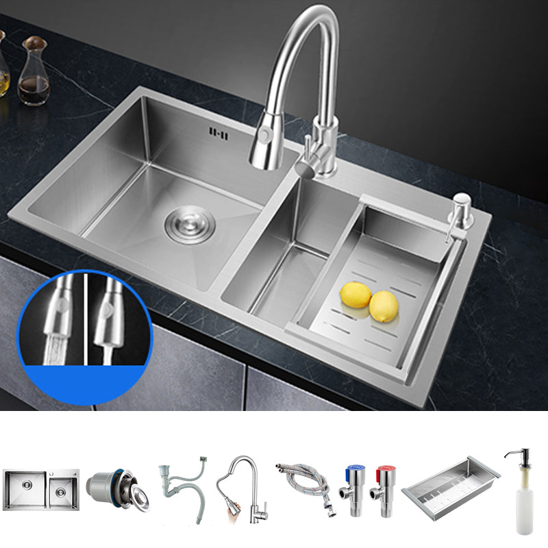 Double Bowl Kitchen Sink Stainless Steel Workstation Sink with Drain Assembly Sink with Faucet Pull Out Faucet Clearhalo 'Home Improvement' 'home_improvement' 'home_improvement_kitchen_sinks' 'Kitchen Remodel & Kitchen Fixtures' 'Kitchen Sinks & Faucet Components' 'Kitchen Sinks' 'kitchen_sinks' 7063297