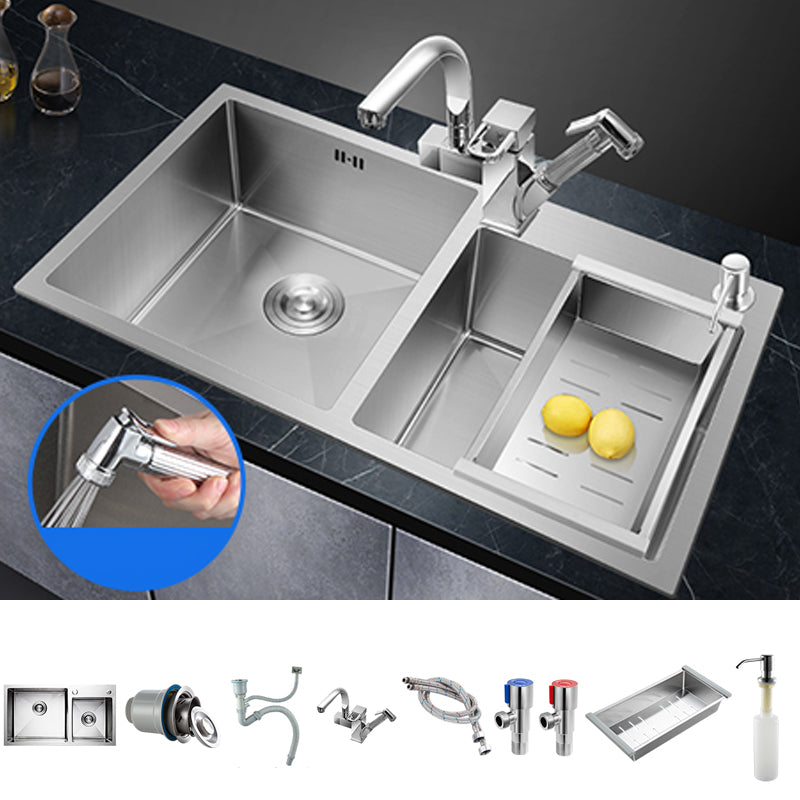 Double Bowl Kitchen Sink Stainless Steel Workstation Sink with Drain Assembly Sink with Faucet Spray Gun Faucet Clearhalo 'Home Improvement' 'home_improvement' 'home_improvement_kitchen_sinks' 'Kitchen Remodel & Kitchen Fixtures' 'Kitchen Sinks & Faucet Components' 'Kitchen Sinks' 'kitchen_sinks' 7063298
