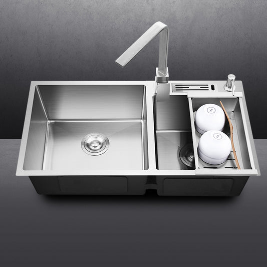 Double Bowl Kitchen Sink Stainless Steel Workstation Sink with Drain Assembly Clearhalo 'Home Improvement' 'home_improvement' 'home_improvement_kitchen_sinks' 'Kitchen Remodel & Kitchen Fixtures' 'Kitchen Sinks & Faucet Components' 'Kitchen Sinks' 'kitchen_sinks' 7063299