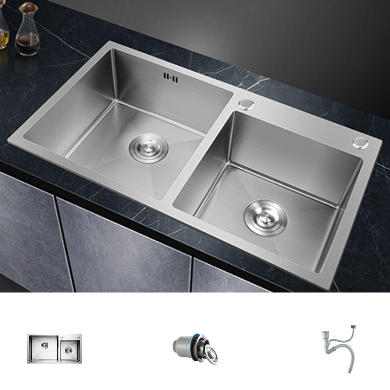 Double Bowl Kitchen Sink Stainless Steel Workstation Sink with Drain Assembly Sink Only None Clearhalo 'Home Improvement' 'home_improvement' 'home_improvement_kitchen_sinks' 'Kitchen Remodel & Kitchen Fixtures' 'Kitchen Sinks & Faucet Components' 'Kitchen Sinks' 'kitchen_sinks' 7063300