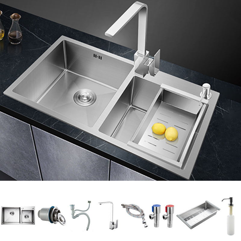 Double Bowl Kitchen Sink Stainless Steel Workstation Sink with Drain Assembly Sink with Faucet Seven Character Faucet Clearhalo 'Home Improvement' 'home_improvement' 'home_improvement_kitchen_sinks' 'Kitchen Remodel & Kitchen Fixtures' 'Kitchen Sinks & Faucet Components' 'Kitchen Sinks' 'kitchen_sinks' 7063302