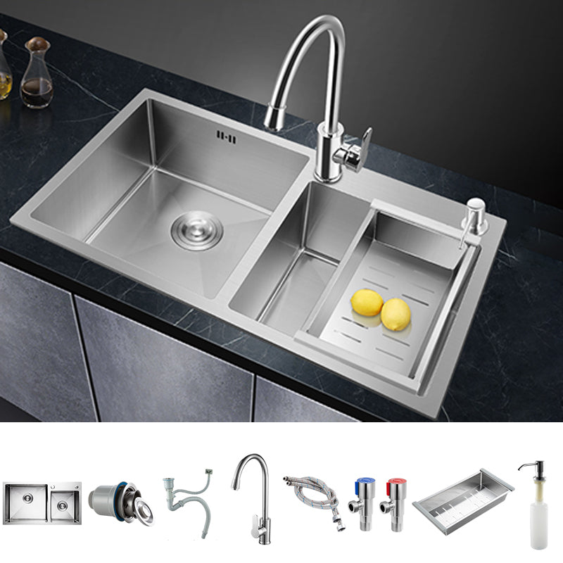 Double Bowl Kitchen Sink Stainless Steel Workstation Sink with Drain Assembly Sink with Faucet Gooseneck Faucet Clearhalo 'Home Improvement' 'home_improvement' 'home_improvement_kitchen_sinks' 'Kitchen Remodel & Kitchen Fixtures' 'Kitchen Sinks & Faucet Components' 'Kitchen Sinks' 'kitchen_sinks' 7063305