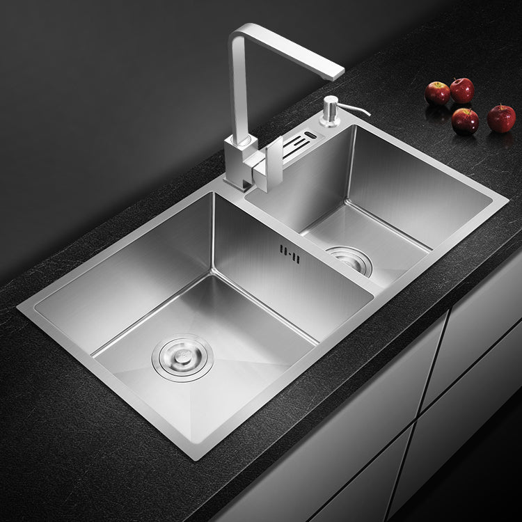 Double Bowl Kitchen Sink Stainless Steel Workstation Sink with Drain Assembly Clearhalo 'Home Improvement' 'home_improvement' 'home_improvement_kitchen_sinks' 'Kitchen Remodel & Kitchen Fixtures' 'Kitchen Sinks & Faucet Components' 'Kitchen Sinks' 'kitchen_sinks' 7063306
