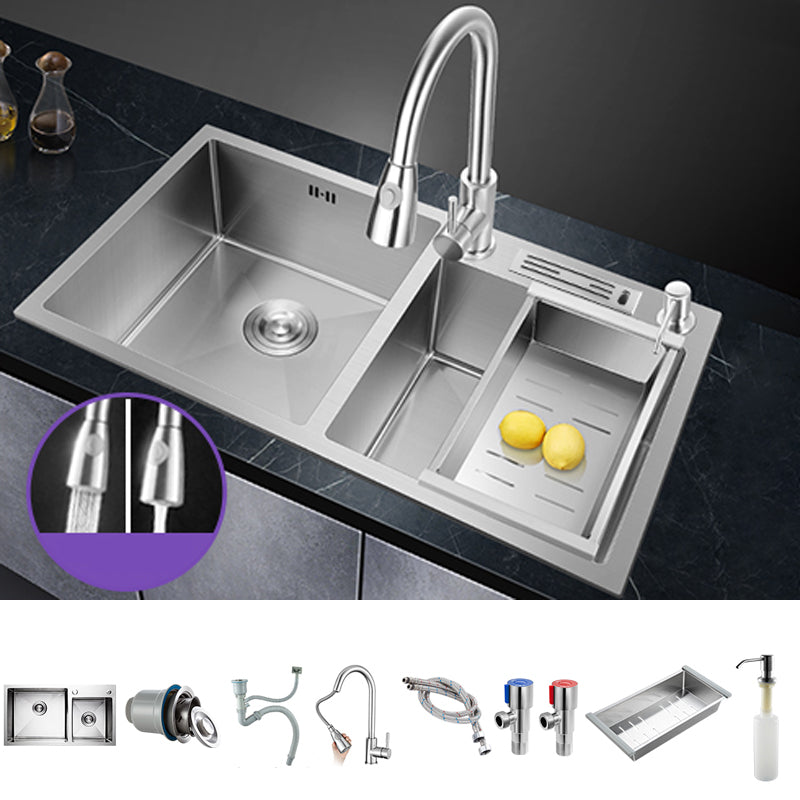 Double Bowl Kitchen Sink Stainless Steel Workstation Sink with Drain Assembly 31"L x 18"W x 8"H Sink with Faucet Pull Out Faucet Clearhalo 'Home Improvement' 'home_improvement' 'home_improvement_kitchen_sinks' 'Kitchen Remodel & Kitchen Fixtures' 'Kitchen Sinks & Faucet Components' 'Kitchen Sinks' 'kitchen_sinks' 7063307