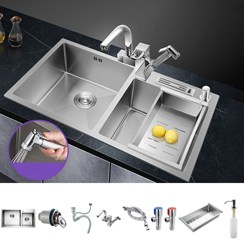Double Bowl Kitchen Sink Stainless Steel Workstation Sink with Drain Assembly 31"L x 18"W x 8"H Sink with Faucet Spray Gun Faucet Clearhalo 'Home Improvement' 'home_improvement' 'home_improvement_kitchen_sinks' 'Kitchen Remodel & Kitchen Fixtures' 'Kitchen Sinks & Faucet Components' 'Kitchen Sinks' 'kitchen_sinks' 7063309