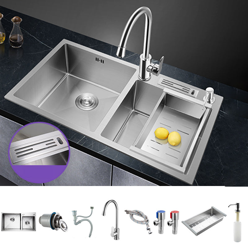 Double Bowl Kitchen Sink Stainless Steel Workstation Sink with Drain Assembly 31"L x 18"W x 8"H Sink with Faucet Gooseneck Faucet Clearhalo 'Home Improvement' 'home_improvement' 'home_improvement_kitchen_sinks' 'Kitchen Remodel & Kitchen Fixtures' 'Kitchen Sinks & Faucet Components' 'Kitchen Sinks' 'kitchen_sinks' 7063312