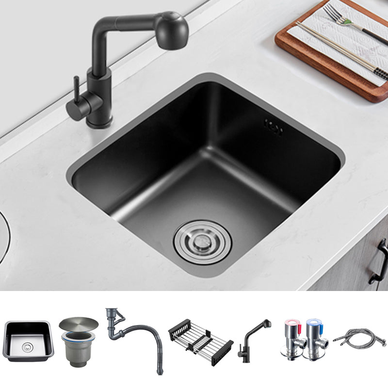Contemporary Stainless Steel Sink in black with Strainer Drop-In Kitchen Sink Sink with Faucet Straight Pull-Out Faucet Clearhalo 'Home Improvement' 'home_improvement' 'home_improvement_kitchen_sinks' 'Kitchen Remodel & Kitchen Fixtures' 'Kitchen Sinks & Faucet Components' 'Kitchen Sinks' 'kitchen_sinks' 7063414