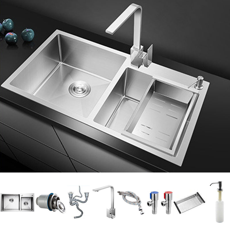 Stainless Steel Workstation Sink Dual Mount Modern Kitchen Bar Sink Sink with Faucet Square Faucet Clearhalo 'Home Improvement' 'home_improvement' 'home_improvement_kitchen_sinks' 'Kitchen Remodel & Kitchen Fixtures' 'Kitchen Sinks & Faucet Components' 'Kitchen Sinks' 'kitchen_sinks' 7063465