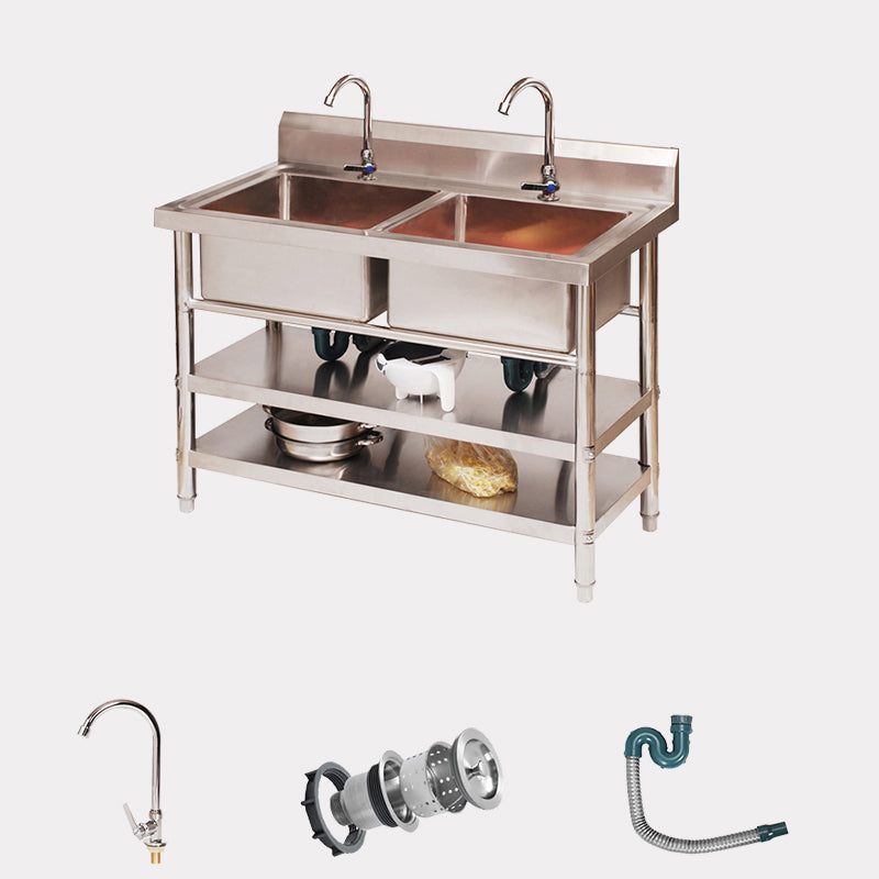 Classic Kitchen Sink Faucets Stainless Steel Kitchen Sink with Drain Assembly 39"L x 20"W x 31"H Sink with Faucet Double-Layer Shelf Clearhalo 'Home Improvement' 'home_improvement' 'home_improvement_kitchen_sinks' 'Kitchen Remodel & Kitchen Fixtures' 'Kitchen Sinks & Faucet Components' 'Kitchen Sinks' 'kitchen_sinks' 7063481