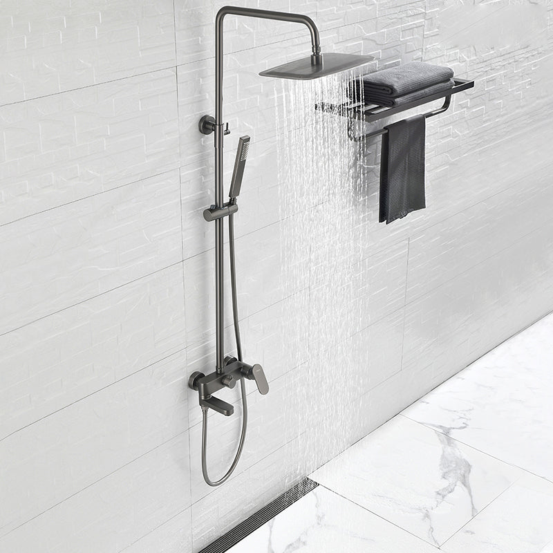Square Shower System Wall Mount Shower Arm Grey Shower System with Shower Hose Clearhalo 'Bathroom Remodel & Bathroom Fixtures' 'Home Improvement' 'home_improvement' 'home_improvement_shower_faucets' 'Shower Faucets & Systems' 'shower_faucets' 'Showers & Bathtubs Plumbing' 'Showers & Bathtubs' 7063518