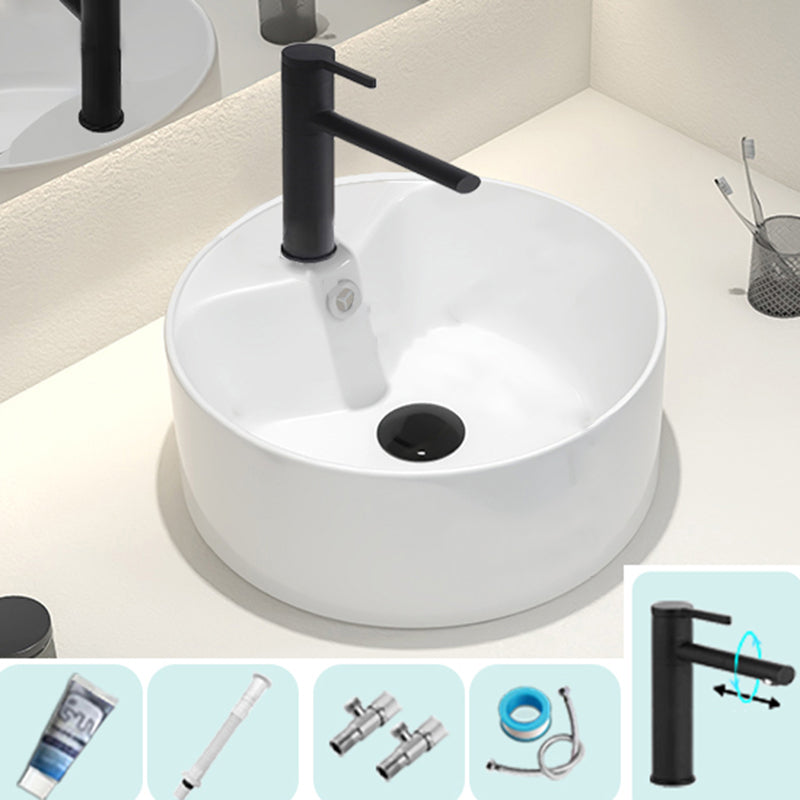 Round Vessel Bathroom Sink Vitreous China Vessel Lavatory Sink 14.2"L x 14.2"W x 5.5"H Pull Out Faucet Sink with Faucet Clearhalo 'Bathroom Remodel & Bathroom Fixtures' 'Bathroom Sinks & Faucet Components' 'Bathroom Sinks' 'bathroom_sink' 'Home Improvement' 'home_improvement' 'home_improvement_bathroom_sink' 7063566