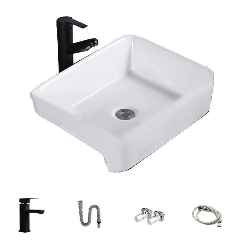 Modern Semi-Recessed Vessel Porcelain with Overflow And Drain Assembly Bathroom Sink 19"L x 15"W x 5"H Square Faucet Sink with Faucet Clearhalo 'Bathroom Remodel & Bathroom Fixtures' 'Bathroom Sinks & Faucet Components' 'Bathroom Sinks' 'bathroom_sink' 'Home Improvement' 'home_improvement' 'home_improvement_bathroom_sink' 7063706