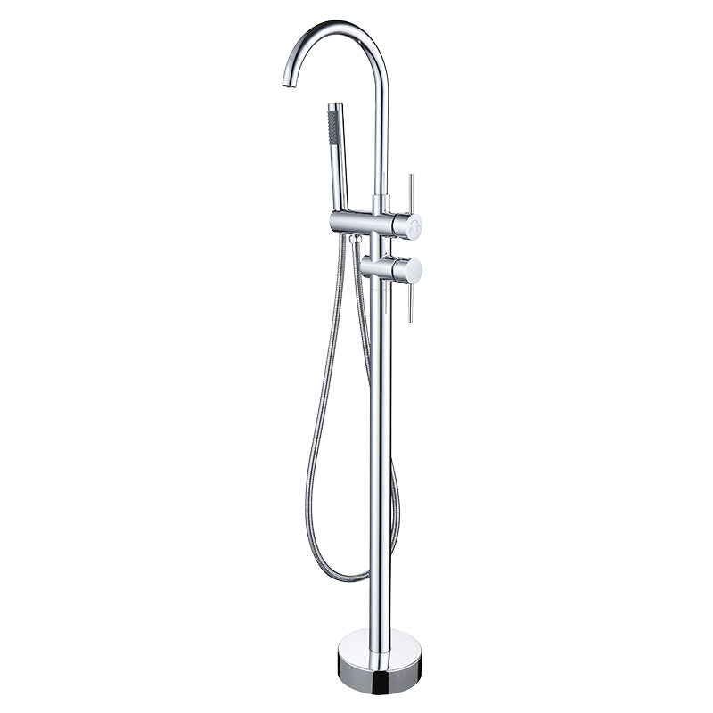 High Arc Floor Mounted Contemporary Metal Lever Handle Floor Mount Chrome Ground Hand Shower Included Clearhalo 'Bathroom Remodel & Bathroom Fixtures' 'Bathtub Faucets' 'bathtub_faucets' 'Home Improvement' 'home_improvement' 'home_improvement_bathtub_faucets' 7063842