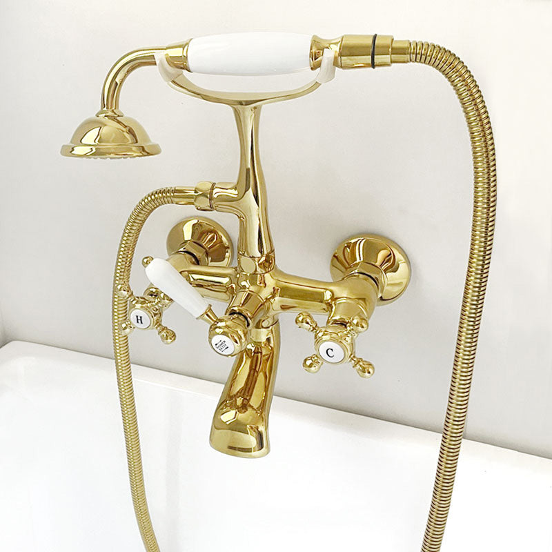 Traditional Wall Mounted Metal Claw Foot Tub Faucet Trim Low Arc Claw Tub Faucet Trim White-Gold Wall Mounted Faucet Clearhalo 'Bathroom Remodel & Bathroom Fixtures' 'Bathtub Faucets' 'bathtub_faucets' 'Home Improvement' 'home_improvement' 'home_improvement_bathtub_faucets' 7063913