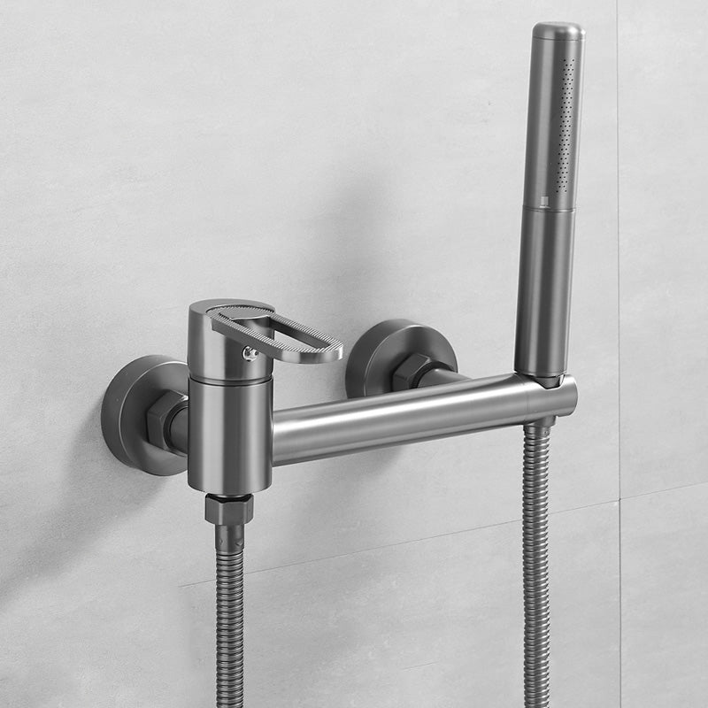 Fixed Metal Wall Mounted Contemporary Lever Handle Wall Mount Grey Single Pattern Hose Included Clearhalo 'Bathroom Remodel & Bathroom Fixtures' 'Bathtub Faucets' 'bathtub_faucets' 'Home Improvement' 'home_improvement' 'home_improvement_bathtub_faucets' 7063927