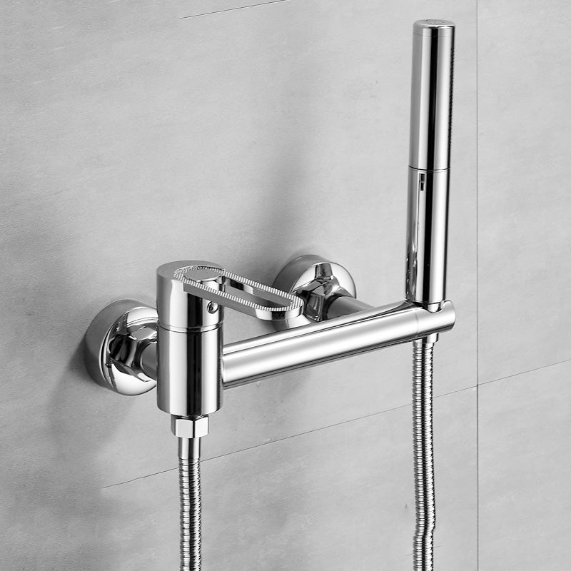 Fixed Metal Wall Mounted Contemporary Lever Handle Wall Mount Chrome Single Pattern Hose Included Clearhalo 'Bathroom Remodel & Bathroom Fixtures' 'Bathtub Faucets' 'bathtub_faucets' 'Home Improvement' 'home_improvement' 'home_improvement_bathtub_faucets' 7063940
