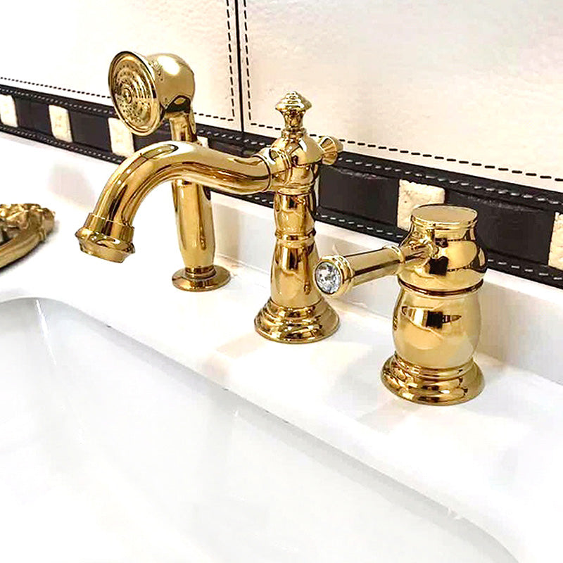 Deck Mounted Roman Tub Faucet Low Arc Copper Roman Tub Faucet Set Gold 3 Hole Faucets Hand Shower Included Clearhalo 'Bathroom Remodel & Bathroom Fixtures' 'Bathtub Faucets' 'bathtub_faucets' 'Home Improvement' 'home_improvement' 'home_improvement_bathtub_faucets' 7063948