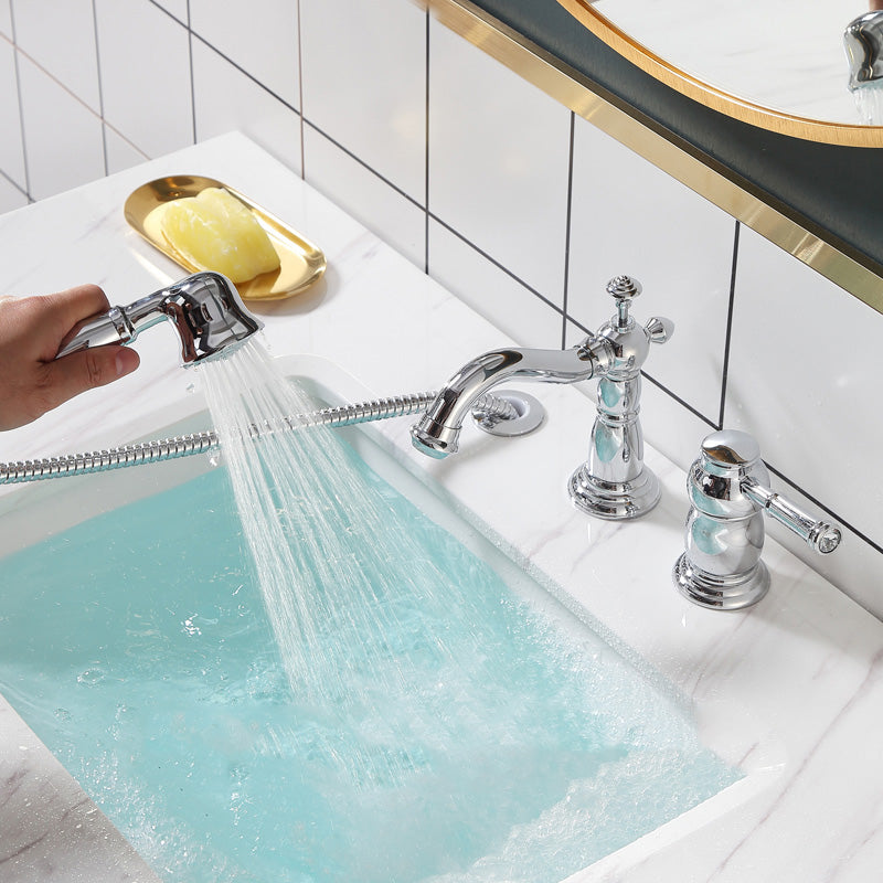 Deck Mounted Roman Tub Faucet Low Arc Copper Roman Tub Faucet Set Chrome 3 Hole Faucets Hand Shower Included Clearhalo 'Bathroom Remodel & Bathroom Fixtures' 'Bathtub Faucets' 'bathtub_faucets' 'Home Improvement' 'home_improvement' 'home_improvement_bathtub_faucets' 7063950