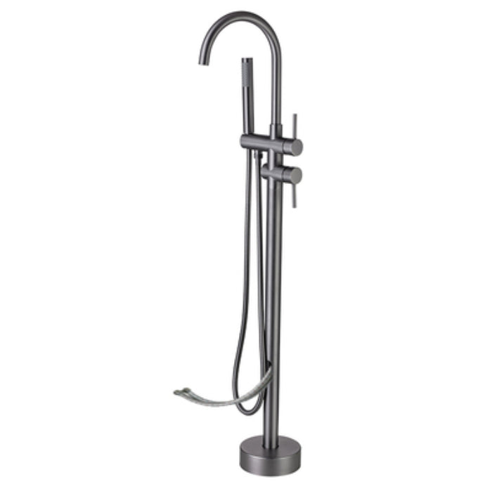 Modern Metal Floor Mounted Lever Handle Floor Mount for Bathroom Grey Wall Clearhalo 'Bathroom Remodel & Bathroom Fixtures' 'Bathtub Faucets' 'bathtub_faucets' 'Home Improvement' 'home_improvement' 'home_improvement_bathtub_faucets' 7063961