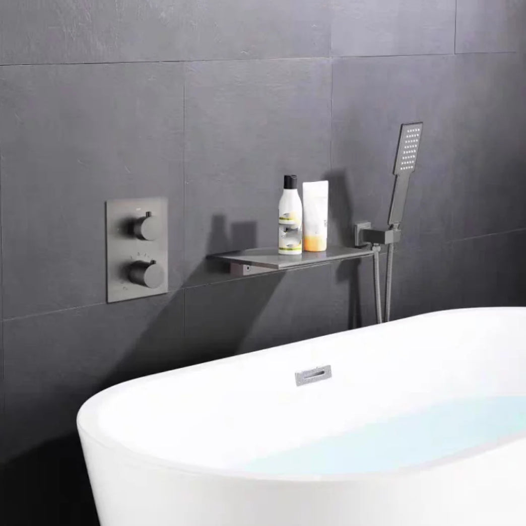 Waterfall Spout Tub Faucet Trim Metal Knob Handle Bathtub Faucet Grey Knob Handles Hand Shower Included Clearhalo 'Bathroom Remodel & Bathroom Fixtures' 'Bathtub Faucets' 'bathtub_faucets' 'Home Improvement' 'home_improvement' 'home_improvement_bathtub_faucets' 7063989