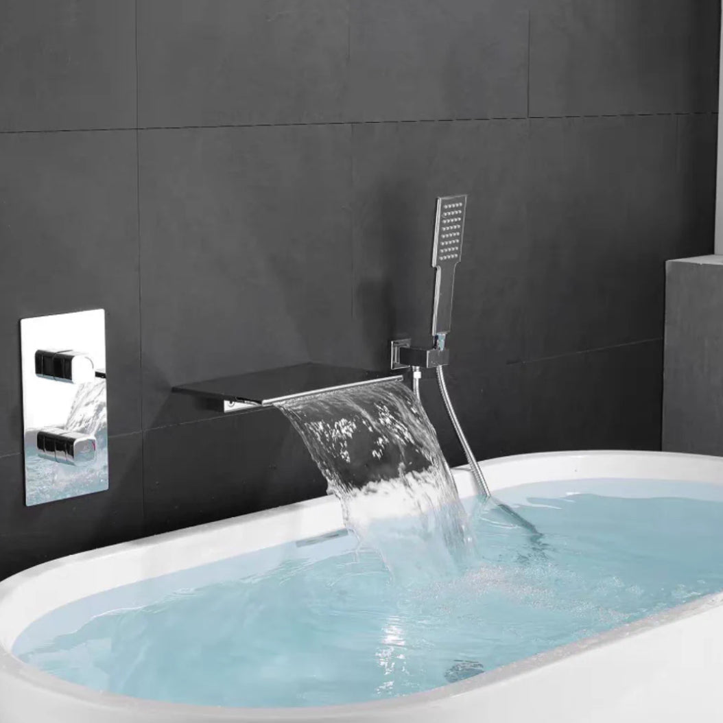 Waterfall Spout Tub Faucet Trim Metal Knob Handle Bathtub Faucet White Knob Handles Hand Shower Included Clearhalo 'Bathroom Remodel & Bathroom Fixtures' 'Bathtub Faucets' 'bathtub_faucets' 'Home Improvement' 'home_improvement' 'home_improvement_bathtub_faucets' 7064003