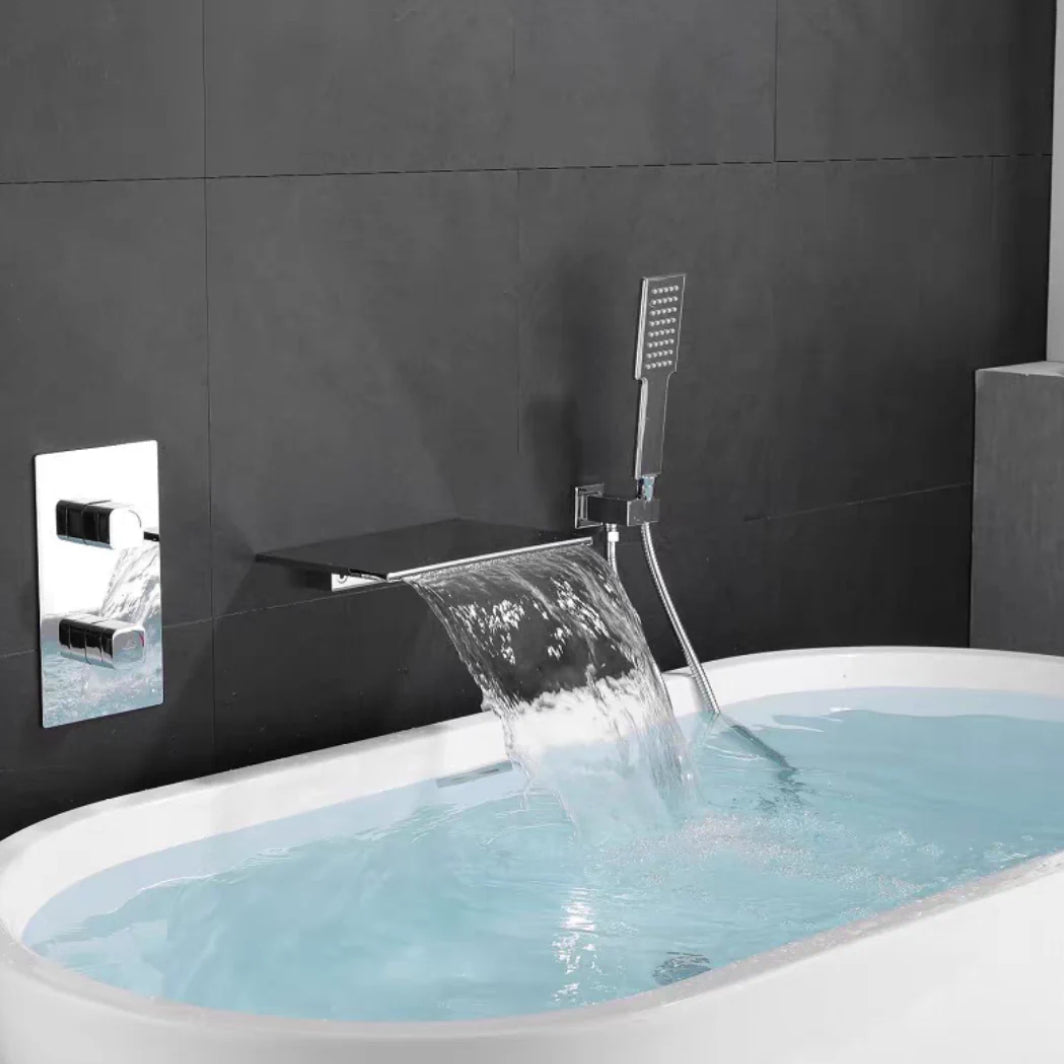 Waterfall Spout Tub Faucet Trim Metal Knob Handle Bathtub Faucet Chrome Knob Handles Hand Shower Included Clearhalo 'Bathroom Remodel & Bathroom Fixtures' 'Bathtub Faucets' 'bathtub_faucets' 'Home Improvement' 'home_improvement' 'home_improvement_bathtub_faucets' 7064005