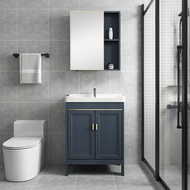 Blue Vanity Freestanding Rectangular Single Sink Mirror Metal Frame Vanity with 2 Doors Vanity & Faucet & Mirror Cabinet 23.6"L x 15.7"W x 31.1"H Clearhalo 'Bathroom Remodel & Bathroom Fixtures' 'Bathroom Vanities' 'bathroom_vanities' 'Home Improvement' 'home_improvement' 'home_improvement_bathroom_vanities' 7064007