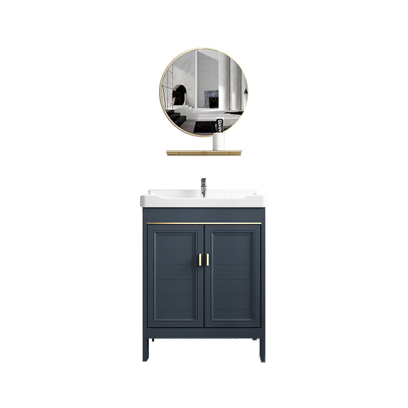 Blue Vanity Freestanding Rectangular Single Sink Mirror Metal Frame Vanity with 2 Doors Vanity & Faucet & Round Mirror 23.6"L x 15.7"W x 31.1"H Clearhalo 'Bathroom Remodel & Bathroom Fixtures' 'Bathroom Vanities' 'bathroom_vanities' 'Home Improvement' 'home_improvement' 'home_improvement_bathroom_vanities' 7064011