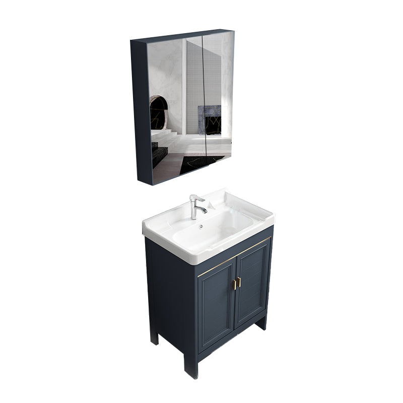 Blue Vanity Freestanding Rectangular Single Sink Mirror Metal Frame Vanity with 2 Doors Vanity & Faucet & Enclosed Mirror Cabinet 23.6"L x 15.7"W x 31.1"H Clearhalo 'Bathroom Remodel & Bathroom Fixtures' 'Bathroom Vanities' 'bathroom_vanities' 'Home Improvement' 'home_improvement' 'home_improvement_bathroom_vanities' 7064022