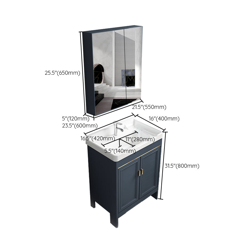 Blue Vanity Freestanding Rectangular Single Sink Mirror Metal Frame Vanity with 2 Doors Clearhalo 'Bathroom Remodel & Bathroom Fixtures' 'Bathroom Vanities' 'bathroom_vanities' 'Home Improvement' 'home_improvement' 'home_improvement_bathroom_vanities' 7064038