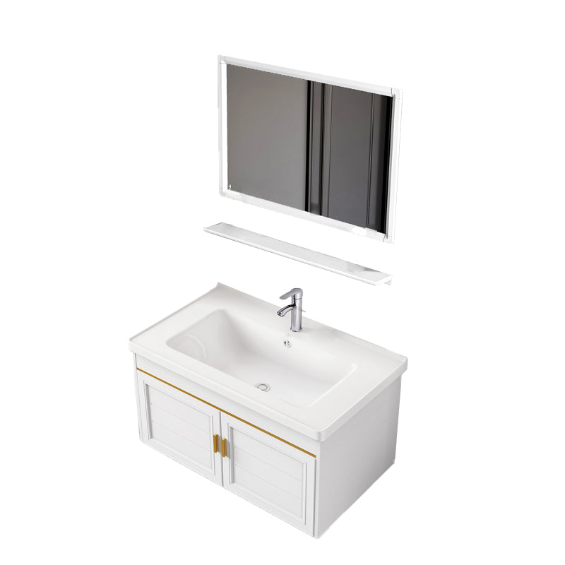 2 Doors Bath Vanity White Mirror Rectangular Single Sink Wall-Mounted Bathroom Vanity Vanity & Faucet & Mirrors 32"L x 19"W x 16"H Ceramic Clearhalo 'Bathroom Remodel & Bathroom Fixtures' 'Bathroom Vanities' 'bathroom_vanities' 'Home Improvement' 'home_improvement' 'home_improvement_bathroom_vanities' 7064285