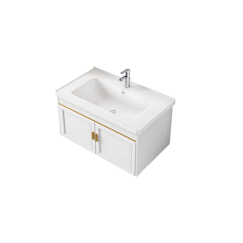 2 Doors Bath Vanity White Mirror Rectangular Single Sink Wall-Mounted Bathroom Vanity Vanity & Faucet 32"L x 19"W x 16"H Ceramic Clearhalo 'Bathroom Remodel & Bathroom Fixtures' 'Bathroom Vanities' 'bathroom_vanities' 'Home Improvement' 'home_improvement' 'home_improvement_bathroom_vanities' 7064298