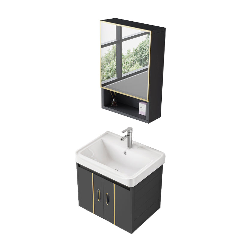 Glam Vanity Wall Mount Single Sink Metal Frame Rectangular Mirror Vanity with 2 Doors Vanity & Faucet & Mirror Cabinet Ceramic Clearhalo 'Bathroom Remodel & Bathroom Fixtures' 'Bathroom Vanities' 'bathroom_vanities' 'Home Improvement' 'home_improvement' 'home_improvement_bathroom_vanities' 7064334
