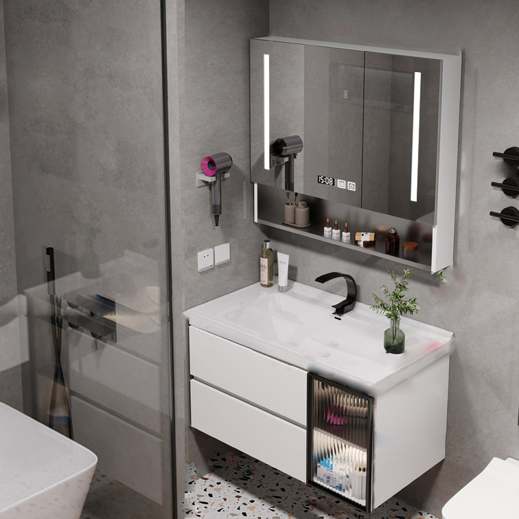 Rectangular Bathroom Vanity Single Sink Wall Mount Mirror Glam Vanity with Drawers Vanity & Faucet & Smart Medicine Cabinet Clearhalo 'Bathroom Remodel & Bathroom Fixtures' 'Bathroom Vanities' 'bathroom_vanities' 'Home Improvement' 'home_improvement' 'home_improvement_bathroom_vanities' 7064377