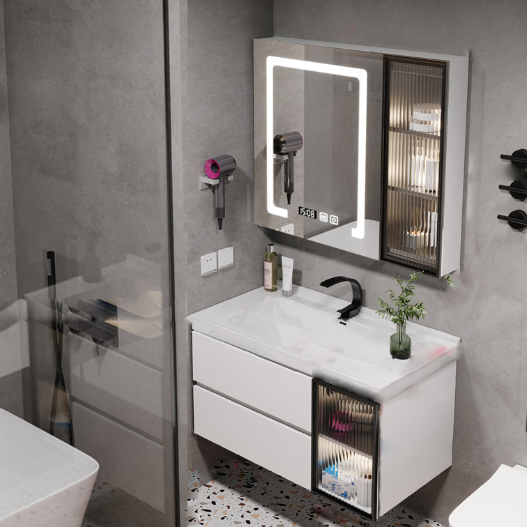 Rectangular Bathroom Vanity Single Sink Wall Mount Mirror Glam Vanity with Drawers Vanity & Faucet & Fully Sealed Smart Mirror Cabinet 28"L x 20"W x 19"H Clearhalo 'Bathroom Remodel & Bathroom Fixtures' 'Bathroom Vanities' 'bathroom_vanities' 'Home Improvement' 'home_improvement' 'home_improvement_bathroom_vanities' 7064380