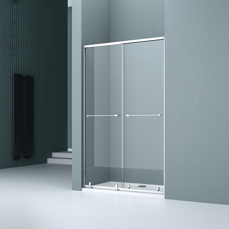 Semi Frameless Double Sliding Shower Door Tempered Glass Shower Door Silver Clearhalo 'Bathroom Remodel & Bathroom Fixtures' 'Home Improvement' 'home_improvement' 'home_improvement_shower_tub_doors' 'Shower and Tub Doors' 'shower_tub_doors' 'Showers & Bathtubs' 7066112