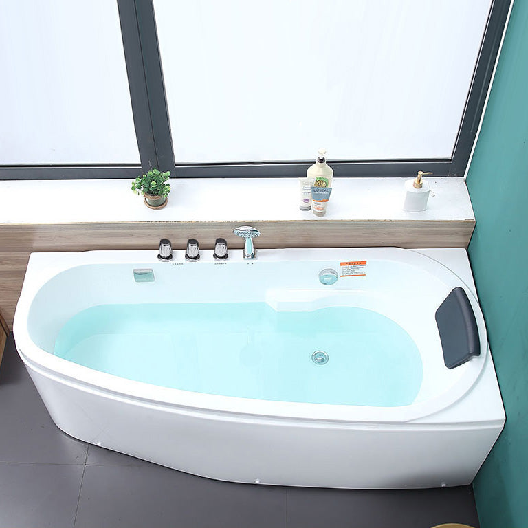 Modern Acrylic Tub Soaking Corner Bathtub in White , 22.83-inch Tall 59.1"L x 29.9"W x 22.8"H Left Tub with Silver 5-Piece Set Clearhalo 'Bathroom Remodel & Bathroom Fixtures' 'Bathtubs' 'Home Improvement' 'home_improvement' 'home_improvement_bathtubs' 'Showers & Bathtubs' 7069859