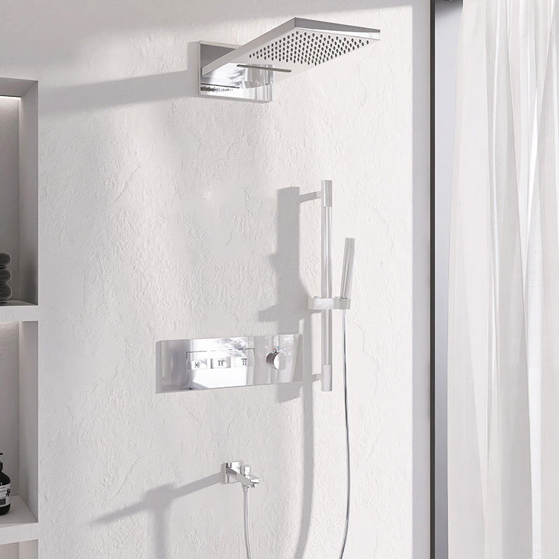 Modern Shower System Brass Slide Bar Included Adjustable Shower Head Shower Combo Silver In-wall Top Spray 4 Clearhalo 'Bathroom Remodel & Bathroom Fixtures' 'Home Improvement' 'home_improvement' 'home_improvement_shower_faucets' 'Shower Faucets & Systems' 'shower_faucets' 'Showers & Bathtubs Plumbing' 'Showers & Bathtubs' 7078763