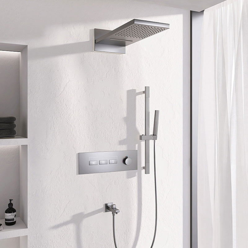 Modern Shower System Brass Slide Bar Included Adjustable Shower Head Shower Combo Gun Grey In-wall Top Spray 4 Clearhalo 'Bathroom Remodel & Bathroom Fixtures' 'Home Improvement' 'home_improvement' 'home_improvement_shower_faucets' 'Shower Faucets & Systems' 'shower_faucets' 'Showers & Bathtubs Plumbing' 'Showers & Bathtubs' 7078767