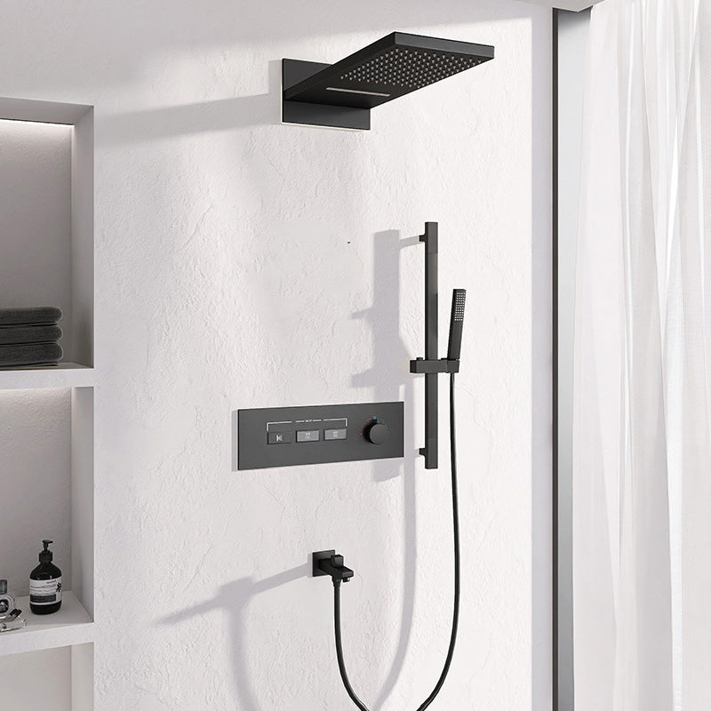 Modern Shower System Brass Slide Bar Included Adjustable Shower Head Shower Combo Black In-wall Top Spray 4 Clearhalo 'Bathroom Remodel & Bathroom Fixtures' 'Home Improvement' 'home_improvement' 'home_improvement_shower_faucets' 'Shower Faucets & Systems' 'shower_faucets' 'Showers & Bathtubs Plumbing' 'Showers & Bathtubs' 7078769