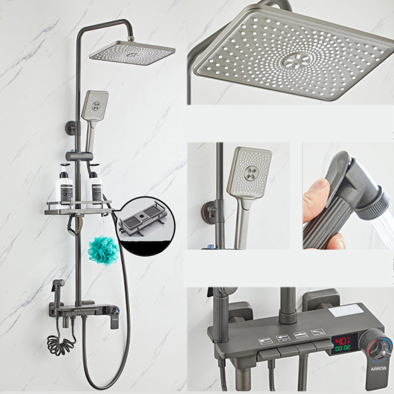 Grey Shower System Square Handheld Shower Head Wall Mounted Rain Shower System Gun Grey 4 Thermostatic Clearhalo 'Bathroom Remodel & Bathroom Fixtures' 'Home Improvement' 'home_improvement' 'home_improvement_shower_faucets' 'Shower Faucets & Systems' 'shower_faucets' 'Showers & Bathtubs Plumbing' 'Showers & Bathtubs' 7079001