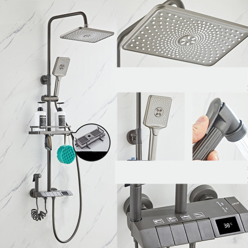 Grey Shower System Square Handheld Shower Head Wall Mounted Rain Shower System Grey 4 Temperature Control Clearhalo 'Bathroom Remodel & Bathroom Fixtures' 'Home Improvement' 'home_improvement' 'home_improvement_shower_faucets' 'Shower Faucets & Systems' 'shower_faucets' 'Showers & Bathtubs Plumbing' 'Showers & Bathtubs' 7079005