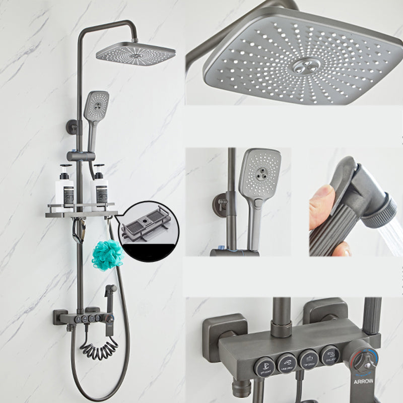 Grey Shower System Square Handheld Shower Head Wall Mounted Rain Shower System Grey 4 Thermostatic Clearhalo 'Bathroom Remodel & Bathroom Fixtures' 'Home Improvement' 'home_improvement' 'home_improvement_shower_faucets' 'Shower Faucets & Systems' 'shower_faucets' 'Showers & Bathtubs Plumbing' 'Showers & Bathtubs' 7079010