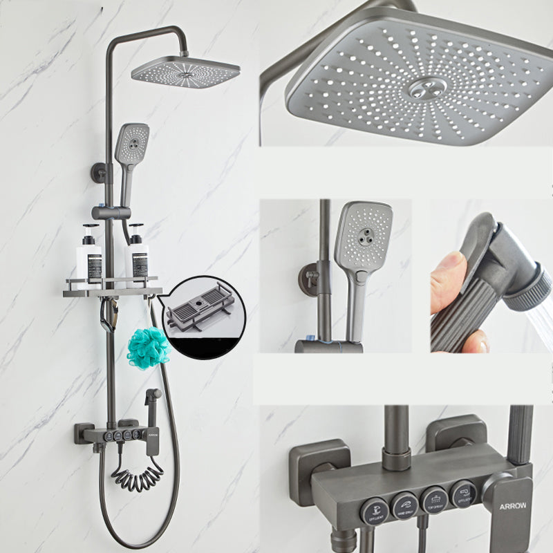 Grey Shower System Square Handheld Shower Head Wall Mounted Rain Shower System Silver Gray 4 Temperature Control Clearhalo 'Bathroom Remodel & Bathroom Fixtures' 'Home Improvement' 'home_improvement' 'home_improvement_shower_faucets' 'Shower Faucets & Systems' 'shower_faucets' 'Showers & Bathtubs Plumbing' 'Showers & Bathtubs' 7079012