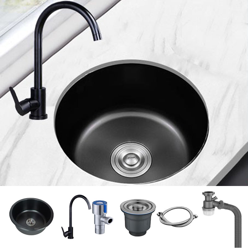 Stainless Steel Round Sink in Black Single Bowl Undermount Sink with Basket Strainer Sink with Faucet Single Cooling Tap Clearhalo 'Home Improvement' 'home_improvement' 'home_improvement_kitchen_sinks' 'Kitchen Remodel & Kitchen Fixtures' 'Kitchen Sinks & Faucet Components' 'Kitchen Sinks' 'kitchen_sinks' 7079023