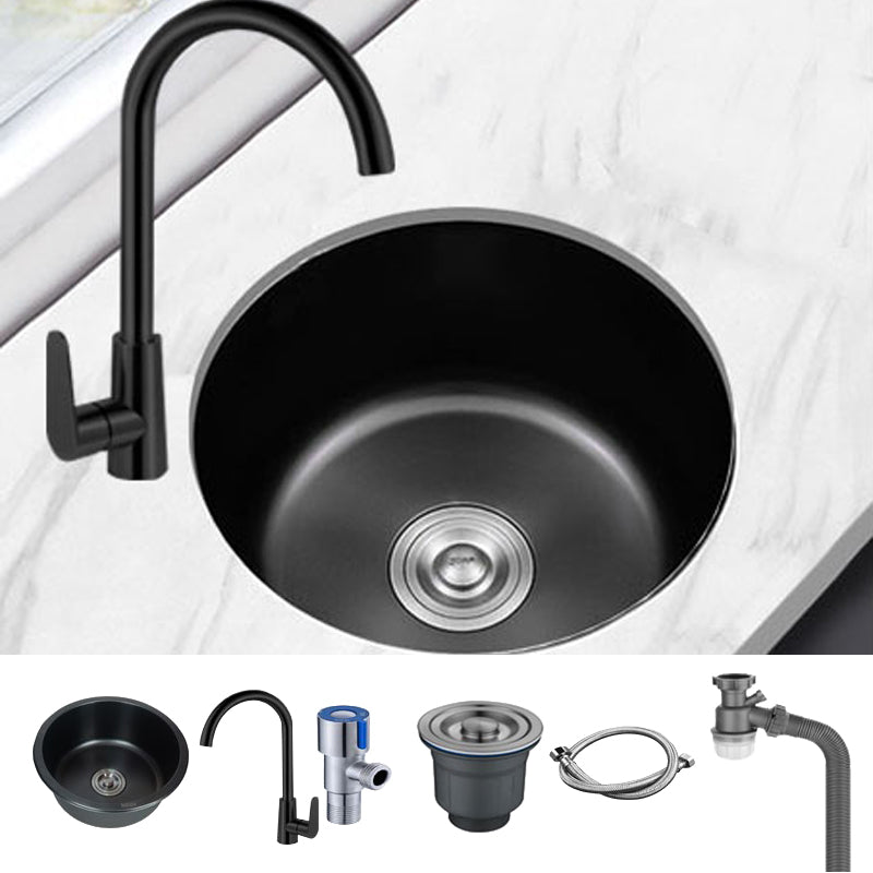 Stainless Steel Round Sink in Black Single Bowl Undermount Sink with Basket Strainer Sink with Faucet Stainless Steel Elbow Faucet Clearhalo 'Home Improvement' 'home_improvement' 'home_improvement_kitchen_sinks' 'Kitchen Remodel & Kitchen Fixtures' 'Kitchen Sinks & Faucet Components' 'Kitchen Sinks' 'kitchen_sinks' 7079025