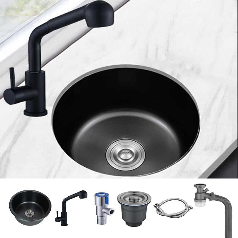 Stainless Steel Round Sink in Black Single Bowl Undermount Sink with Basket Strainer Sink with Faucet Straight Pull-Out Faucet Clearhalo 'Home Improvement' 'home_improvement' 'home_improvement_kitchen_sinks' 'Kitchen Remodel & Kitchen Fixtures' 'Kitchen Sinks & Faucet Components' 'Kitchen Sinks' 'kitchen_sinks' 7079027
