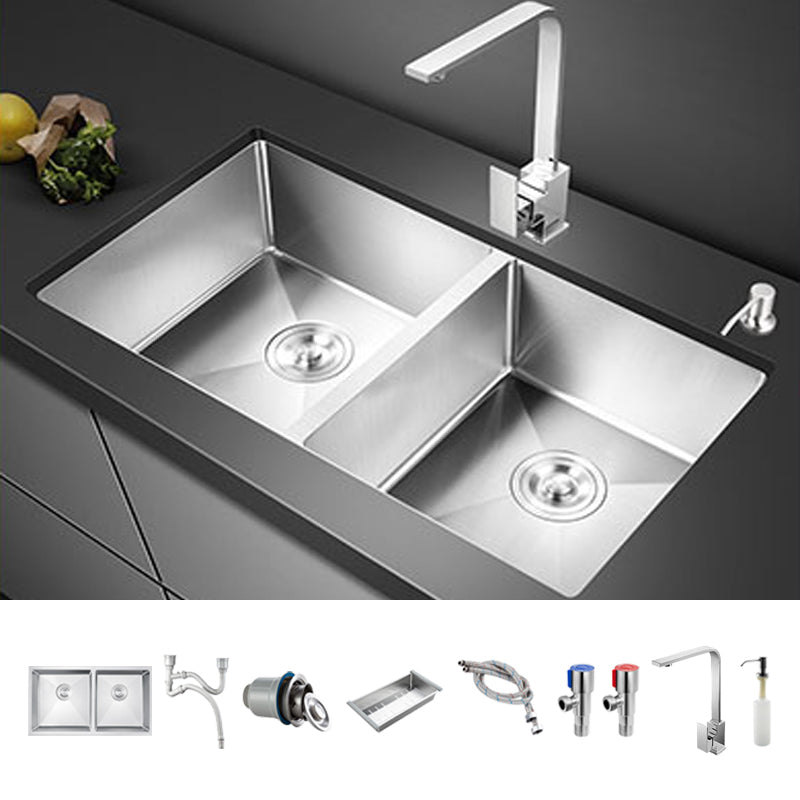 Double Sink Undermount Stainless Steel Sink with Drain Assembly for Kitchen Sink with Faucet Square Faucet Clearhalo 'Home Improvement' 'home_improvement' 'home_improvement_kitchen_sinks' 'Kitchen Remodel & Kitchen Fixtures' 'Kitchen Sinks & Faucet Components' 'Kitchen Sinks' 'kitchen_sinks' 7079062